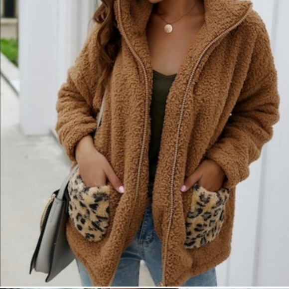New Faux Fur Lapel Teddy Bear Leopard Jacket - Picture 5 of 8